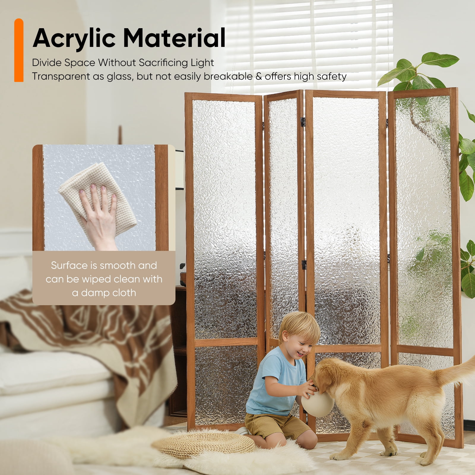 Jostyle 4 Panel Acrylic Room Divider Privacy Screen Translucent Folding Partition with Paulownia Wood Frame Natural, Shatterproof & Space-Saving for Living Room, Bedroom, Office