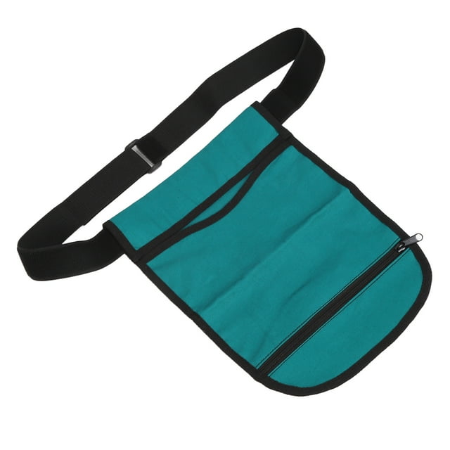 soporte para bolsa de drenaje de orina anggrek bolsa de orina de un solo bolsillo 2000 ml portátil, vista frontal centrada de soporte tipo cintura en tela verde azulado con ribete negro y correa ajustable, bolsillo único grande con cremallera inferior y costuras visibles, capacidad para bolsas estándar de 2000 ml, apropiado para caminatas y actividades ligeras; suele usarse también como bolsa de recolección para catéter o cistostomía.