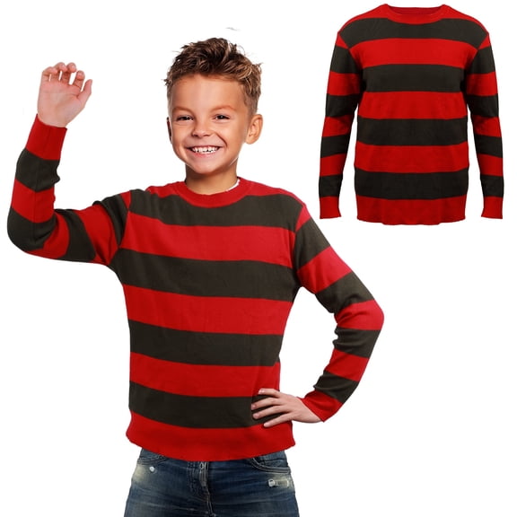 GOBWCOT Children's Red And Black Striped Sweater, Unisex Freddy Sweater, Halloween Sweater Costume, Suitable For Children Aged 3-14