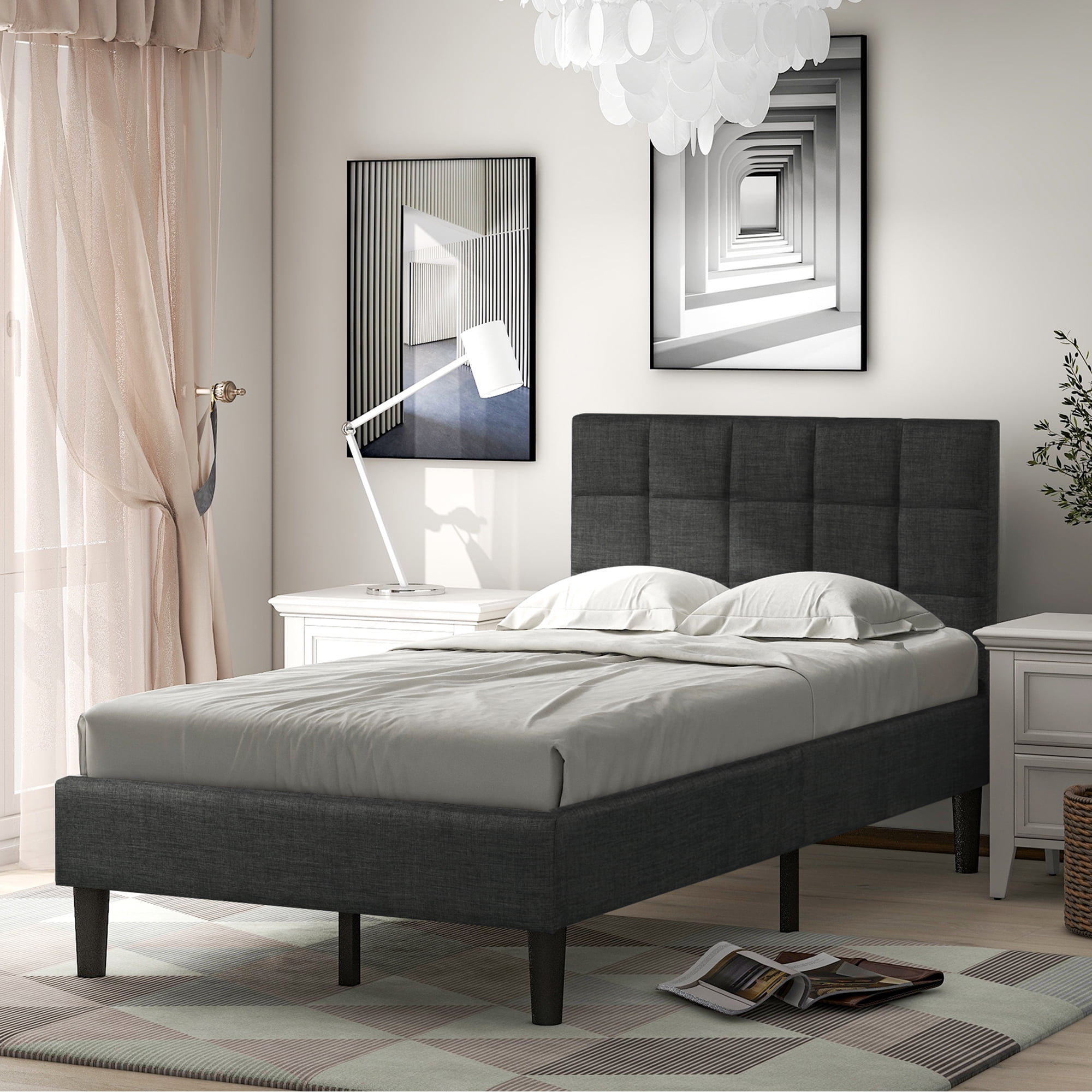 Dark Brown Silver Linen Platform Bed With Frame & Slats  Modern Home ALL SIZES 