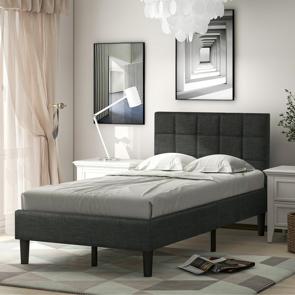 Gray Twin Bed Frame for Adults Kids, Modern Upholstered Platform Bed