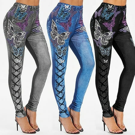 

Taluosi Women High Waist Butterfly Print Lace-up Pants Elastic Jogging Sports Trousers