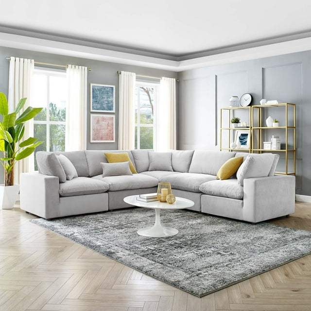 Modway Commix Canapé Sectionnel 5 Pcs en Velours de Performance Surrempli Garni de Duvet, Gris Pâle