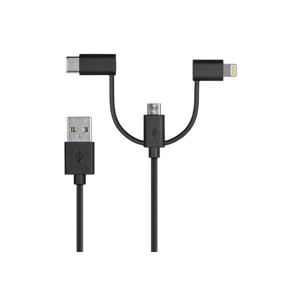 Monoprice USB & Lightning Cable - 3 Feet - Black | MFi Certified USB to Micro USB   USB Type-C   Lightning 3 in 1 Charge & Sync Cable