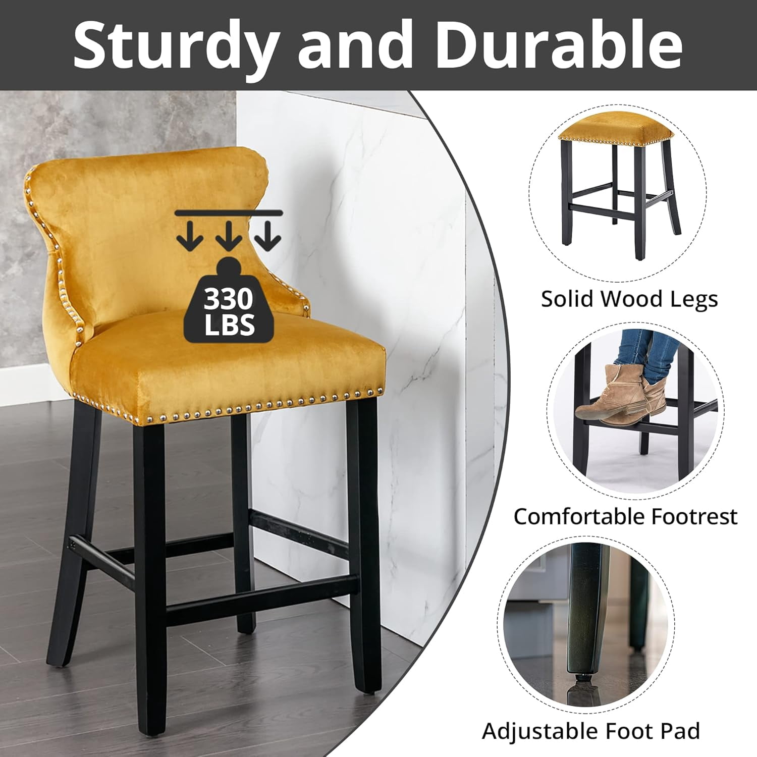 Velvet Wing-Back Bar Stools Set of 2, Button Tufted with Nailhead Trim & Solid Wood Legs, Counter Height Bar Chairs for Kitchen Island Dining Room Pub，Gold