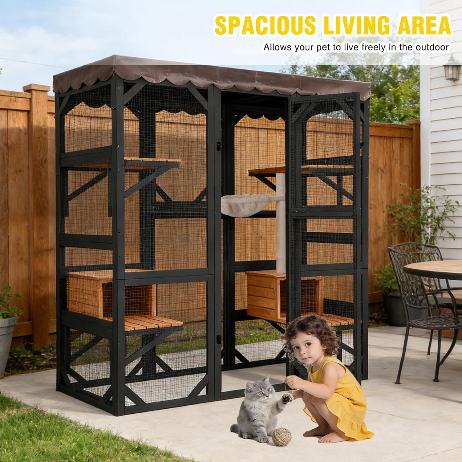 Aivituvin Catio Large Cat House Outdoor Walk in Outdoor Cat Enclosure Indoor Cage Kitty Condo Playpen with Door, Platform, Scratch Post, Hammock - Black
