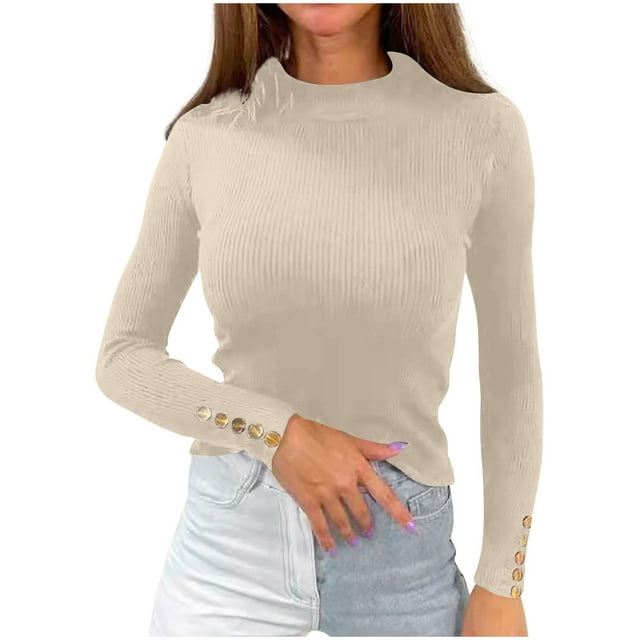 Cameland Women's Solid Color Button Long Sleeved Knitted Sweater Base Sweater Top High Neck Sweater