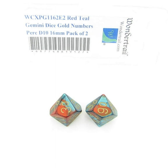 Red and Teal Gemini Dice with Gold Numbers Perc D10 Aprox 16mm (5/8in) Pack of 2 Wondertrail