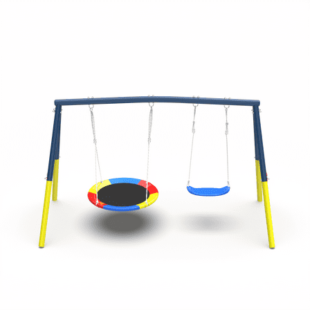 Swing Set for Backyard, 330lbs Swing Set with Heavy-Duty A-Frame Metal Outdoor Swing Stand, 1 Saucer Swing Seat & 1 Belt Swings Seat