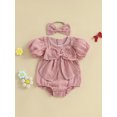 thumbnail image 4 of Baby Toddler Girl Bow Bubble Romper 3 6 12 18 Months Short Sleeve Bodysuit with Bow Headband Cute Summer Clothes, 4 of 9