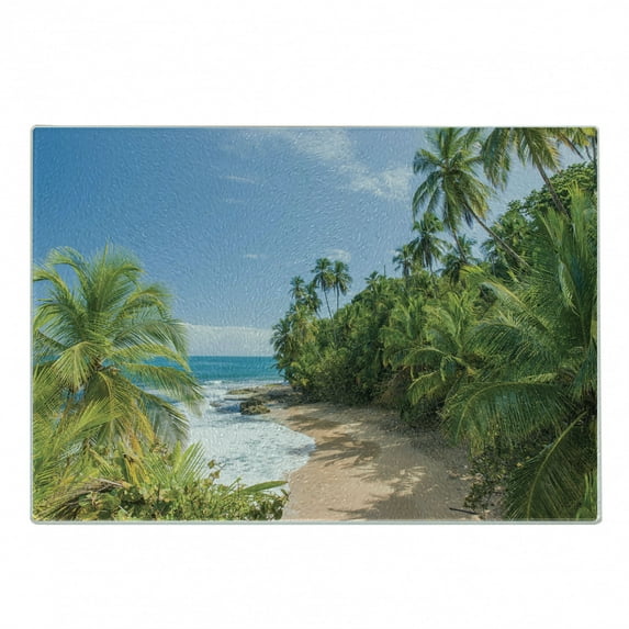 Central America Cutting Board, Wild Caribbean Beach of Manzanillo at Puerto Viejo Tropical Plants, Decorative Tempered Glass Cutting and Serving Board, in 3 Sizes, by Ambesonne