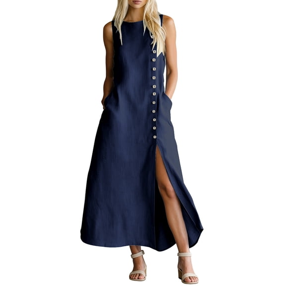 fheaev Women's Maxi Dress Linen Relaxed Fit Sleeveless Button Front Slit for Everyday Navy XL