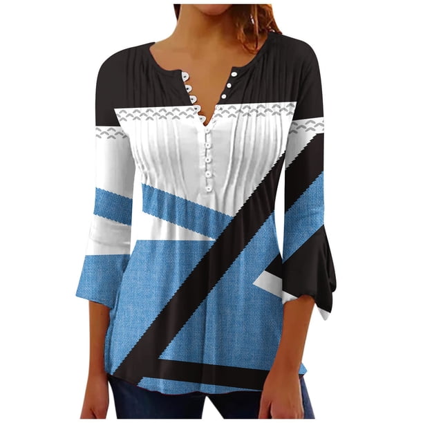 Blusas de Algodón para las Mujeres Impresas 3/4 Mangas V-Cuello Camiseta, Blusa de Algodón de Imitación Casual para las Mujeres