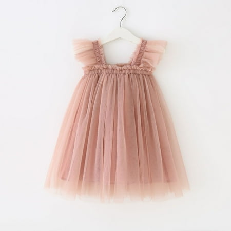 

WHLBF Toddler Kids Baby Girls Dress Cute Summer Mesh Solid Color Flying Sleeve Suspenders Skirt Khaki 2-3Years(2-3Years)