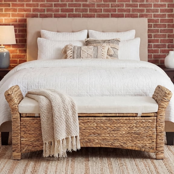 43.5'' Flip-Top Wicker Upholstered Storage Bench with Arch Base & Ergonomic Arms for Entryway, Bedroom, or Patio