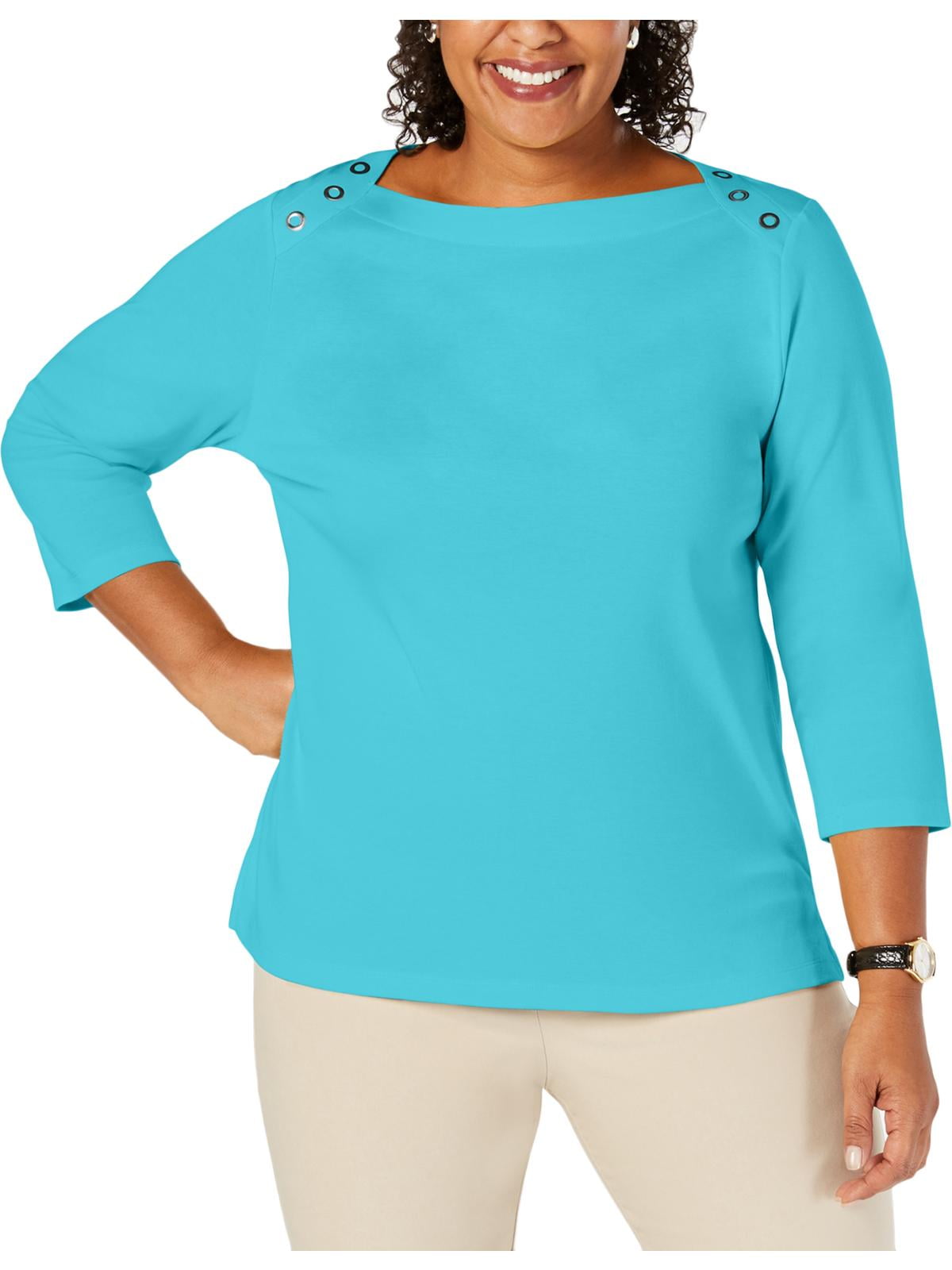 Karen Scott Womens Plus Button Shoulder 3//4 Sleeves Pullover Sweater