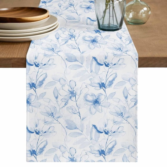 Table Runner 108 Inches Long for Kitchen Dining, Blue Flower Dresser Scarf Farmhouse, Dining Table Decorations for Wedding/Parties, Watercolor Floral Botanical Line Drawing Print 13 x 108 In