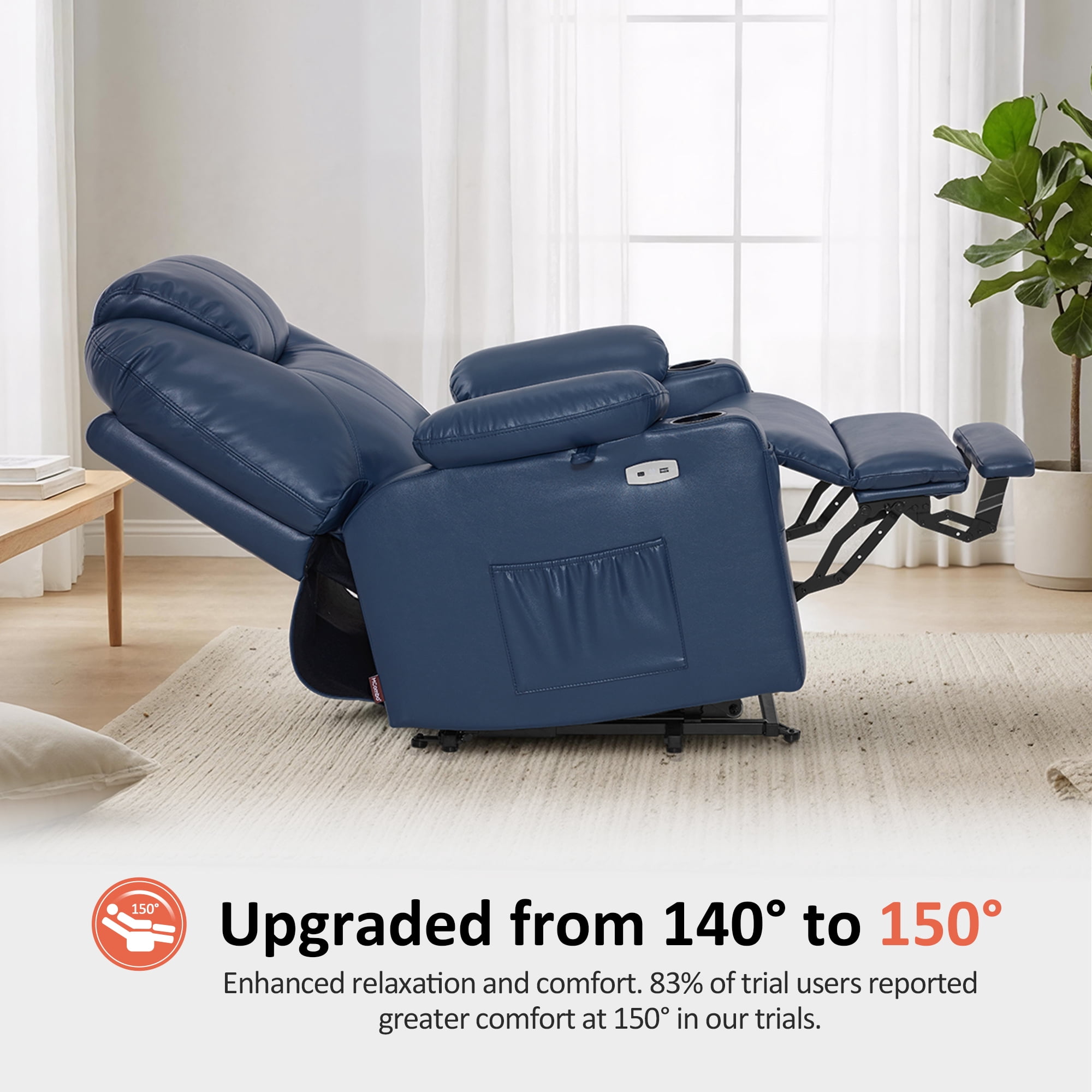 MCombo Large-Wide Power Lift Recliner Chair Sofa with Massage and Heat for Elderly People, Cup Holders, USB&Type C Ports, Side Pockets, Faux Leather (Blue, Large-Wide)