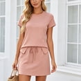 thumbnail image 2 of Women's Comfy Lounge Set Crewneck Short Sleeve T-Shirt and Drawstring Mini Skirt Casual Everyday 2 PC Outfit Sets Pink M, 2 of 5