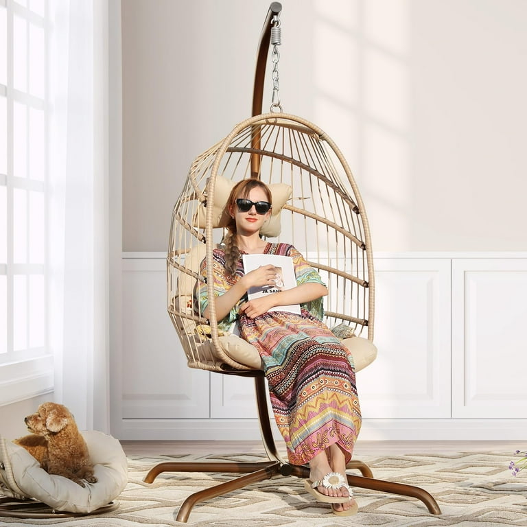 Nicesoul Rattan Swing Egg Chair Hanging Chair with Stand Beige 350