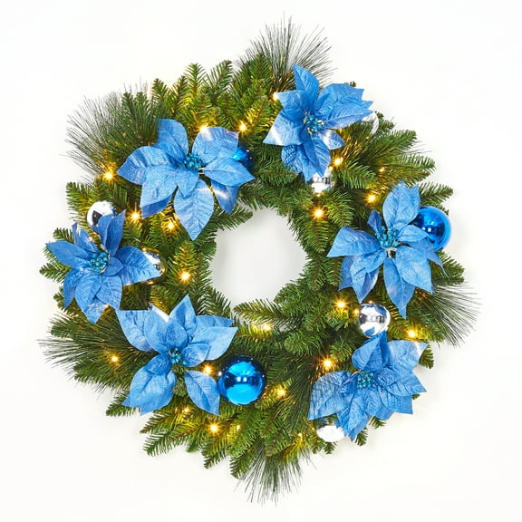 TEQIN 24 in Pre-Lit Artificial Christmas Wreath, Christmas Decoration with Pinecones, 50 LED Lights,Battery Operated Front Door Lighted Wreath for Indoor Outdoor Wall Window