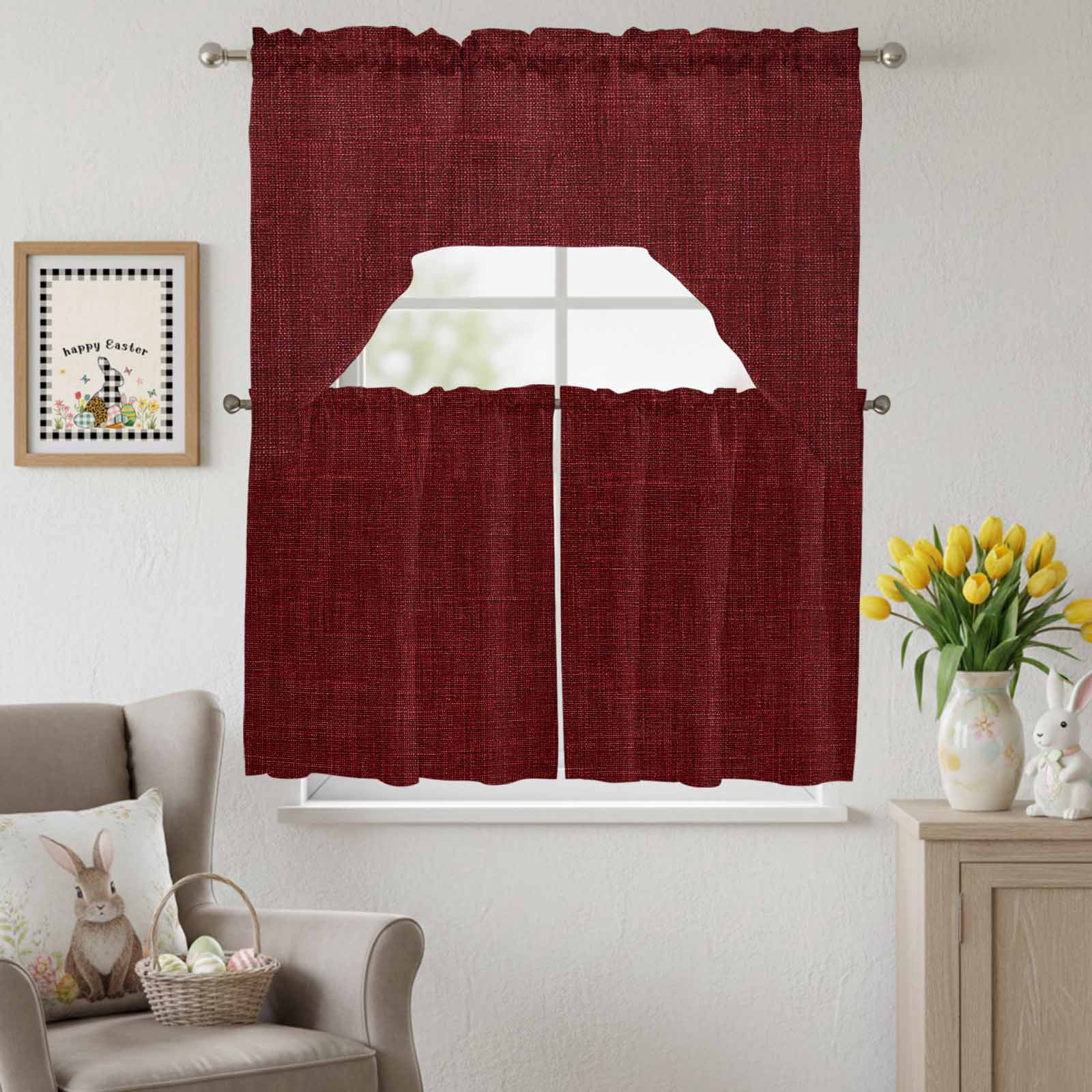 Wine Red Linen Swag Curtains Valance & Tier Set, Farmhouse Pure Color Country Farm 3 Pcs Set Kitchen Swag Valances and Tiers 24 Inch Length Rod Pocket Curtain Drapes for Bedroom