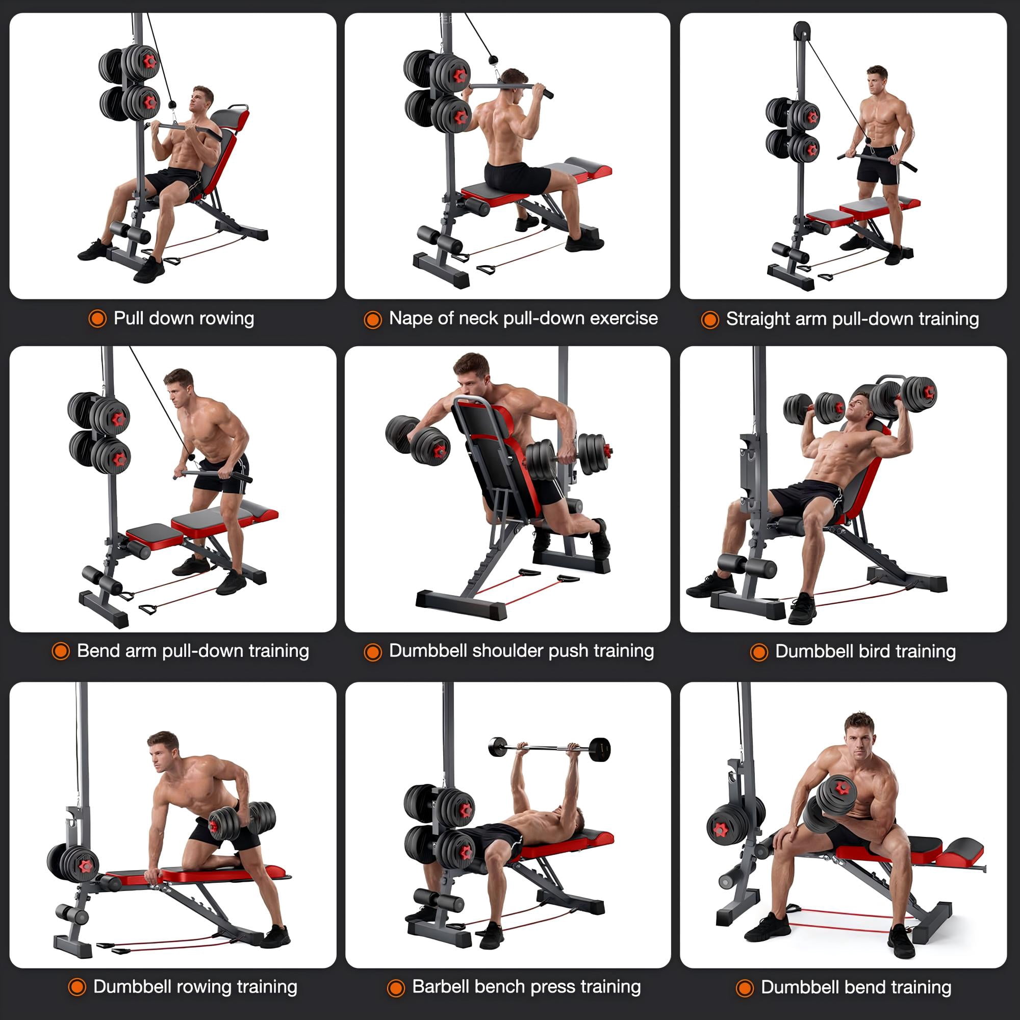 Weight Bench with Pulley System and Adjustable Backrest, Multi-Functional Home Gym Workout Bench and Strength Training Equipment, Black