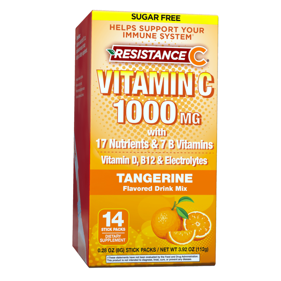 Resistance C Vitamin C Stick Packs, 16 Nutrients & 7 B-Vitamins, Help Support Immune System, Powerful Antioxidants, Contains Electrolytes, Tangerine Flavor, 14 Stick Packs