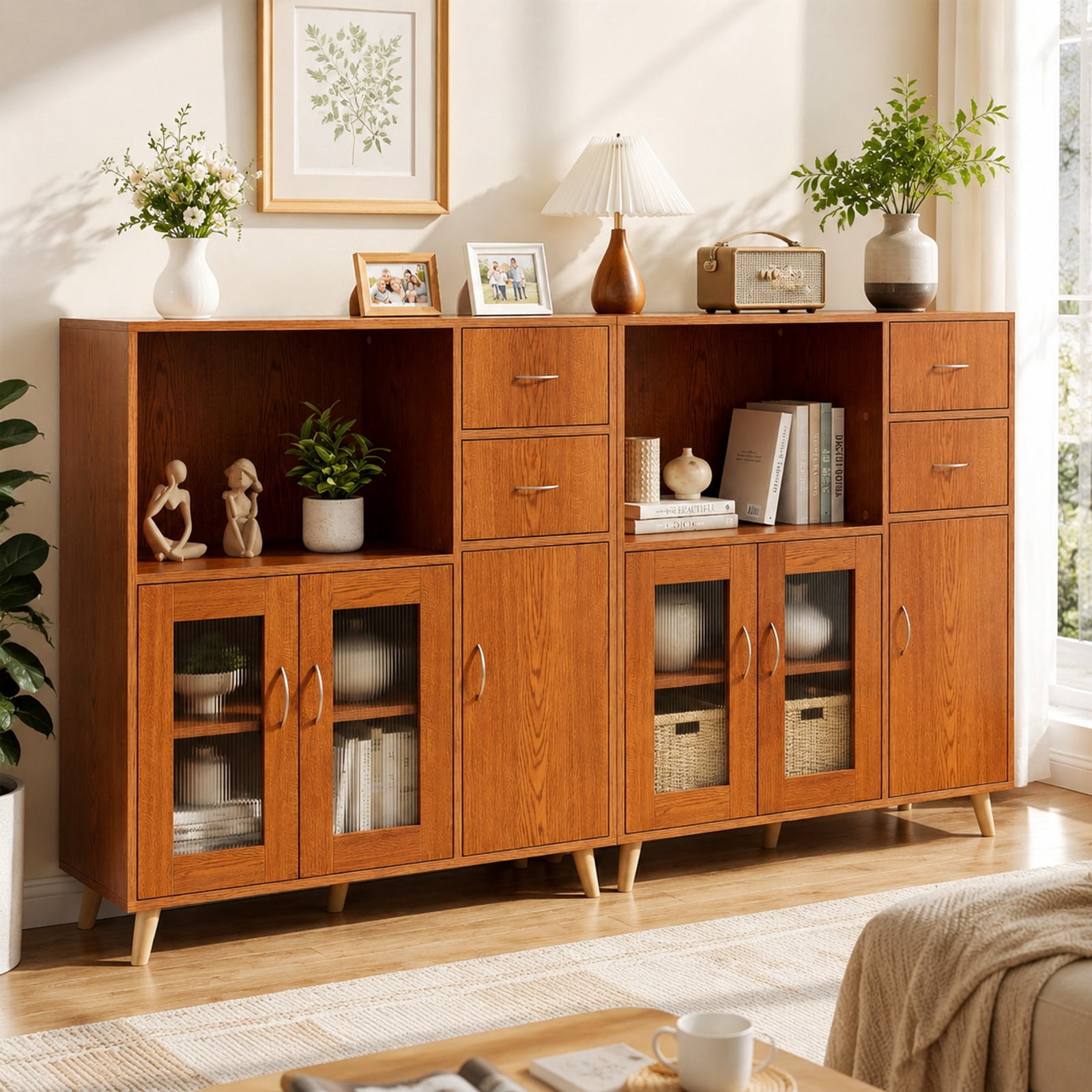 Furnibear 36 Inch Sideboard Buffet Cabinet with Open Compartment for Kitchen Dining Living Room Buffet Storage Server, Brown