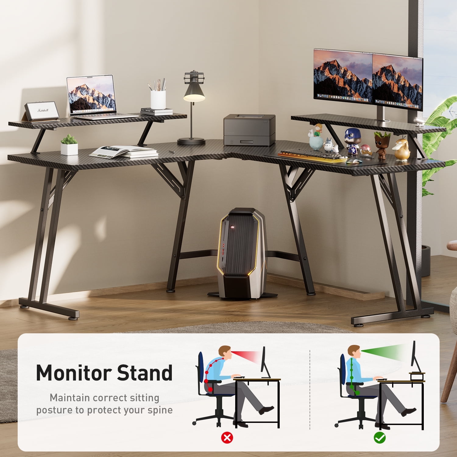 HLDIRECT 51 inch L Shaped Gaming Desk with Monitor Stand and LED Lights, Corner Computer Desk, PC Gaming Table