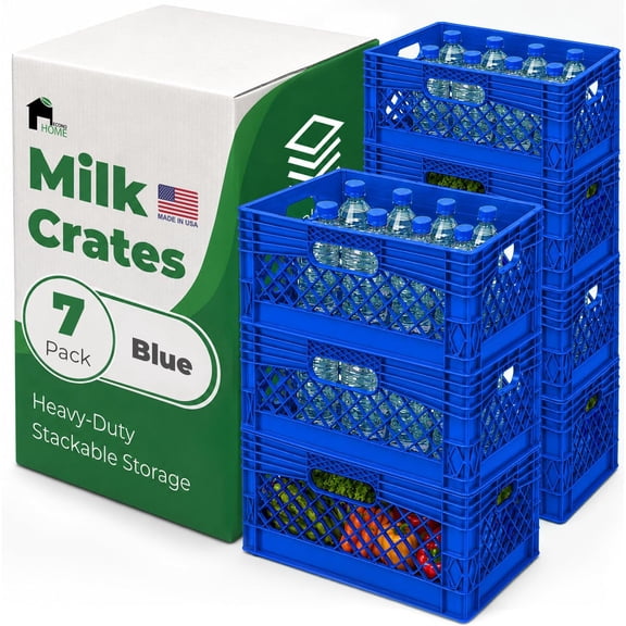 EconoHome Milk Crate - Stackable Storage Crate with Built-In Handles - Heavy Duty Plastic Material - Ventilated Organizer Bin for Garage, Pantry, Classroom, Office & Moving - Blue, 19x13x11, 7-Pack