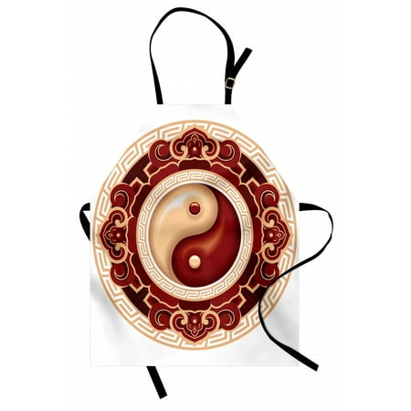 

Ying Yang Apron Traditional Asian Cultural Symbol Floral Ornamental Patterns Balance Zen Unisex Kitchen Bib Apron with Adjustable Neck for Cooking Baking Gardening Maroon Cream White by Ambesonne