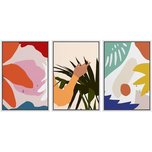 IDEA4WALL Framed Canvas Print Wall Art Set of 3 Warm Tones Mid-Century Multicolor Jungle Plants & Humanities Illustration Wall Decor Modern Digital Art Pop Art Bohemian Artwork - White 16"x24"x3