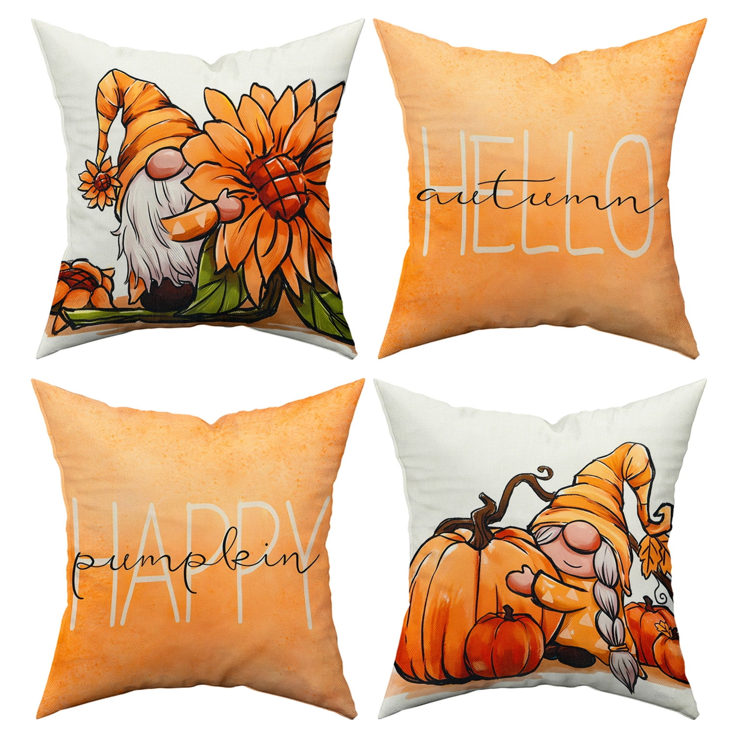 Fall Pillow Covers Thanksgiving Decorations Linen Autumn Pillowcases Gnomes Sunflower Pumpkin Cushion Cover for Sofa Couch Bedroom Car Bedding, 18x18 inch