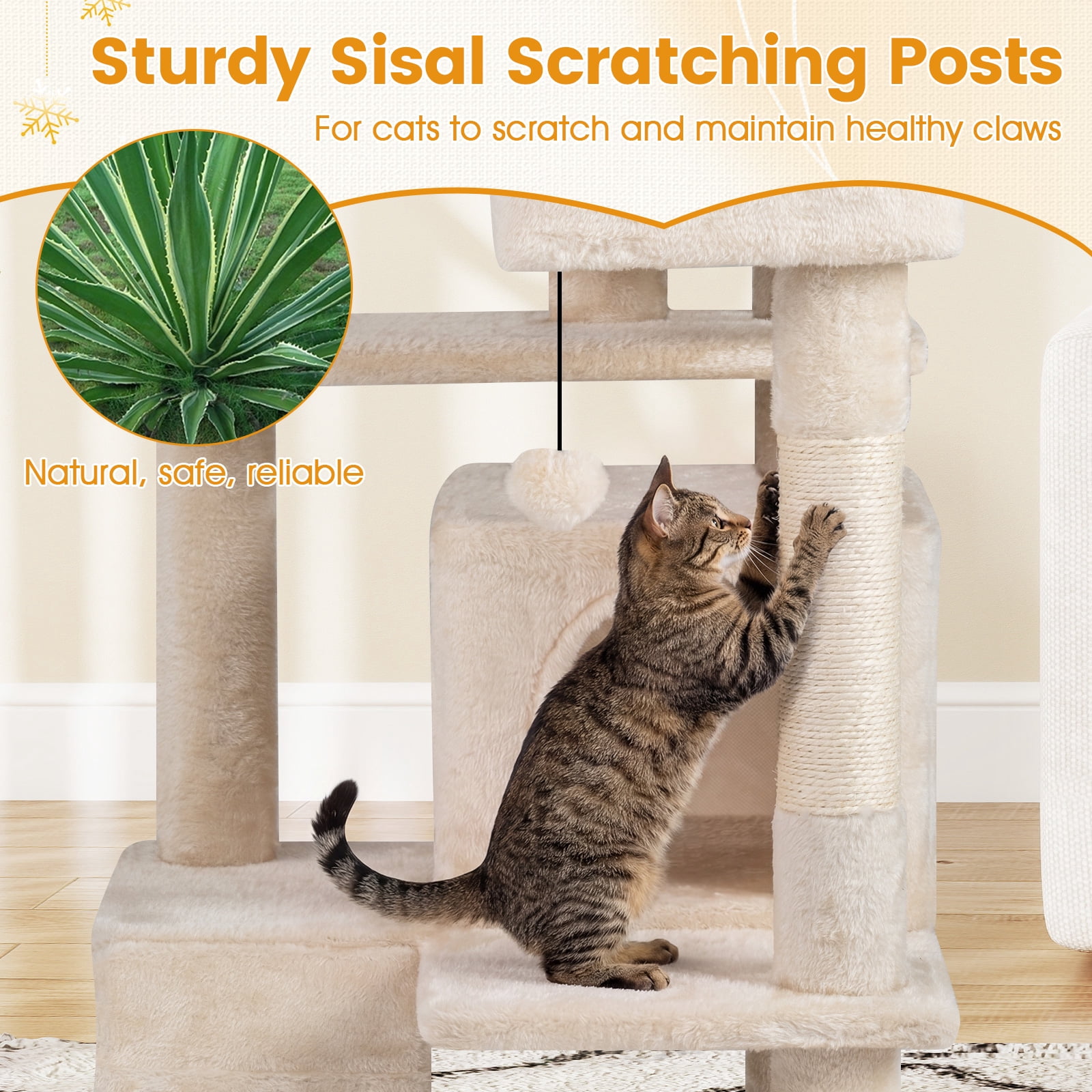 Gymax 52'' Tall Cat Tree Tower w/2 Condos Plush Padded Perch Sisal Scratching Posts Beige