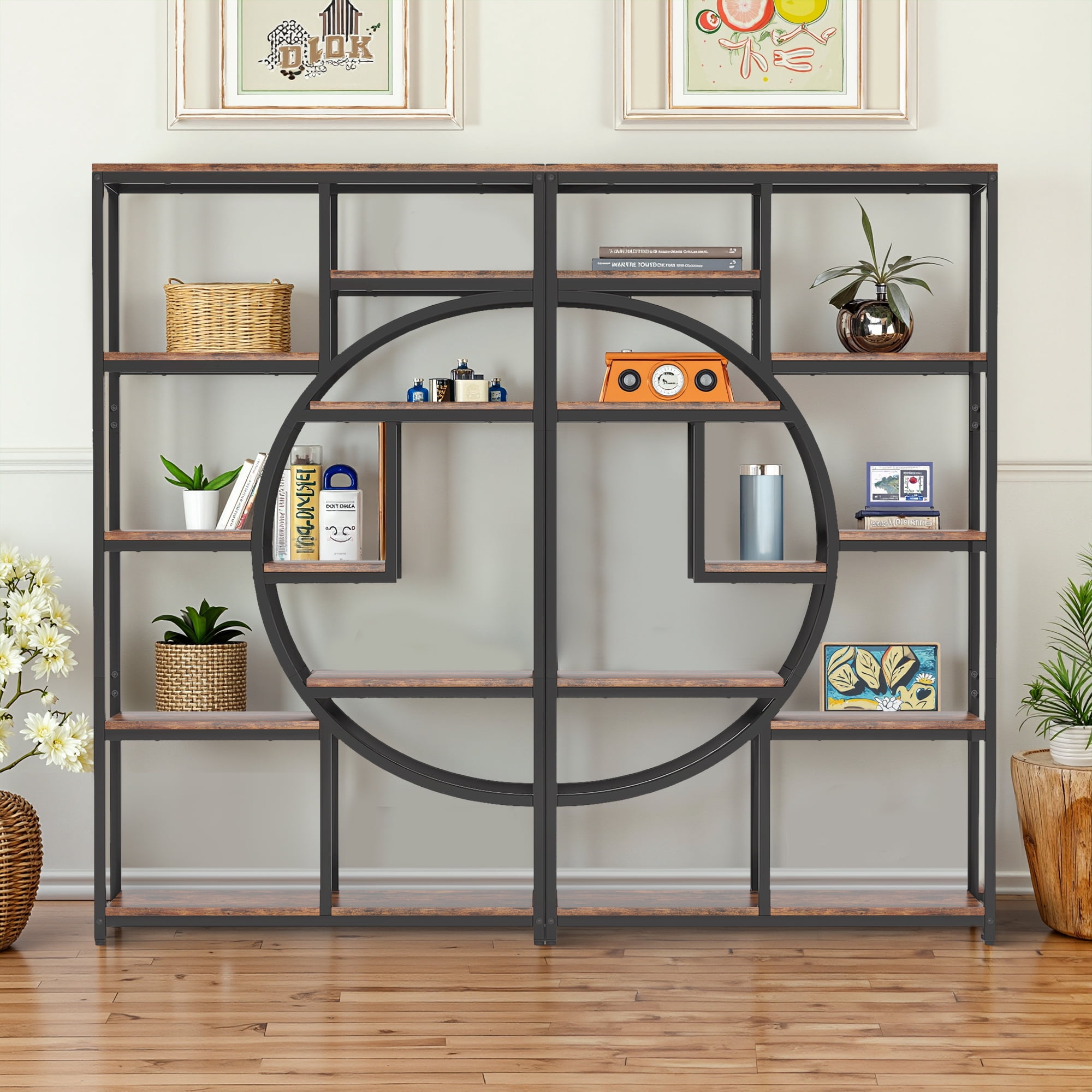 MAYEERTY Industrial Half-Moon Etagere Bookcase, 68.9" 9 Open Storage Shelves Display Rack for Living Room, Bedroom & Home Office