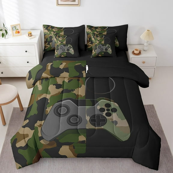 Erosebridal Camo Gamepad Bed in a Bag Twin size, Vintage Camouflage Bed Set, Video Gaming Decor, Reversible