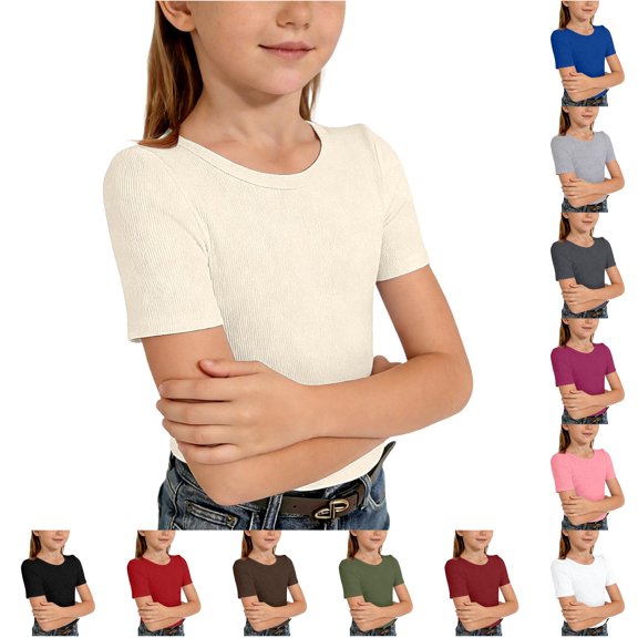Girls Ribbed Knit Short Sleeve Crewneck Tee Soft Casual Basic Top for Tween and Comfortable Everyday Wear Girls Get Too Shirt 11-12 Years