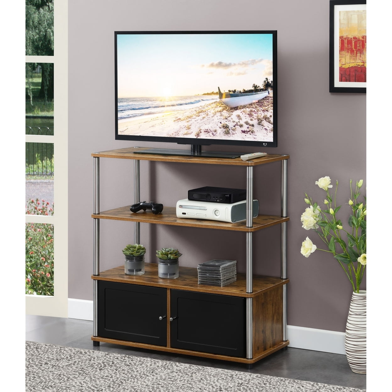 Convenience Concepts Designs2Go Highboy TV Stand with Storage Cabinets and Shelves for TVs up to 40 Inches, Barnwood