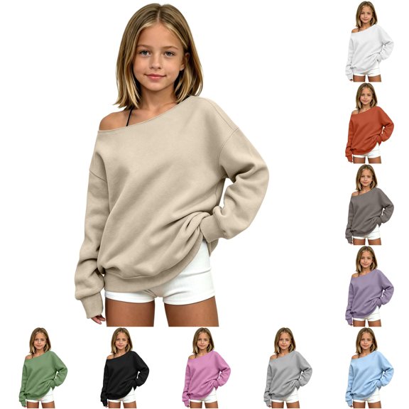 XAOFW Girls Solid Color Off The Shoulder Sweatshirts Cozy Long Sleeve Sweatshirts Relaxed Fit Knit Basic Pullover Versatile Tops 3-4 Years