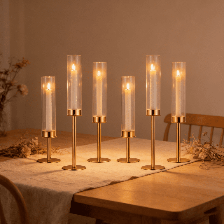 Nuptio Gold Taper Candlestick Holders, Set of 6 with Hurricane Glass photo 5