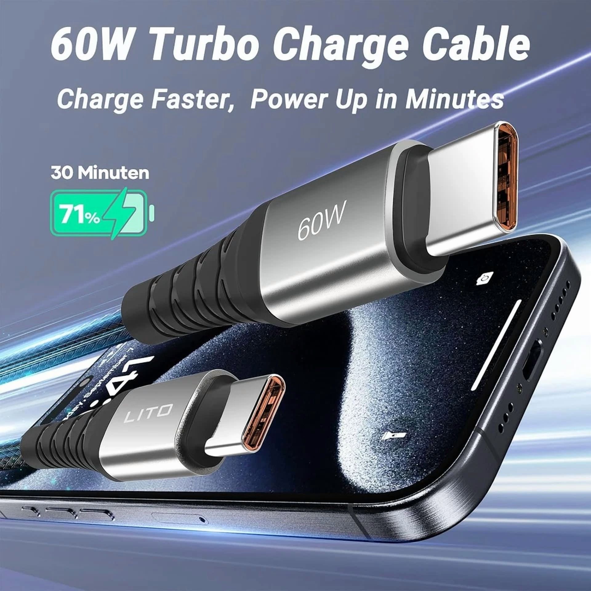 CIRCLE- 2-Pack Usb C To C Cable 3.3Ft–60W Pd Fast Charging, 3.3+3.3Ft, Black