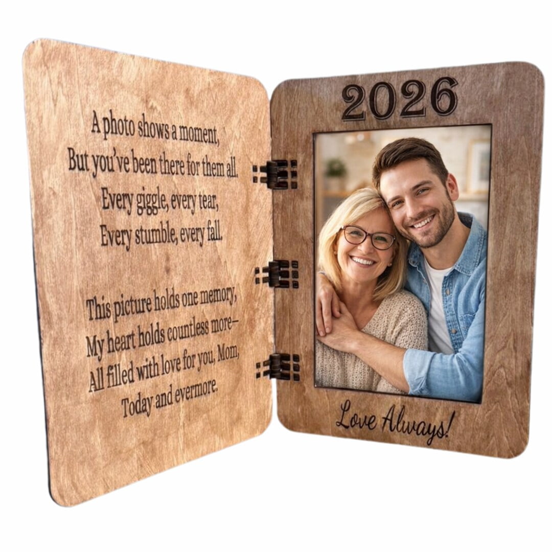 Mother’s Day Wooden Greeting Card Picture Frame – Hinged Wood Photo Card Holds 4x6 Photo – Personalized Keepsake Gift for Mom