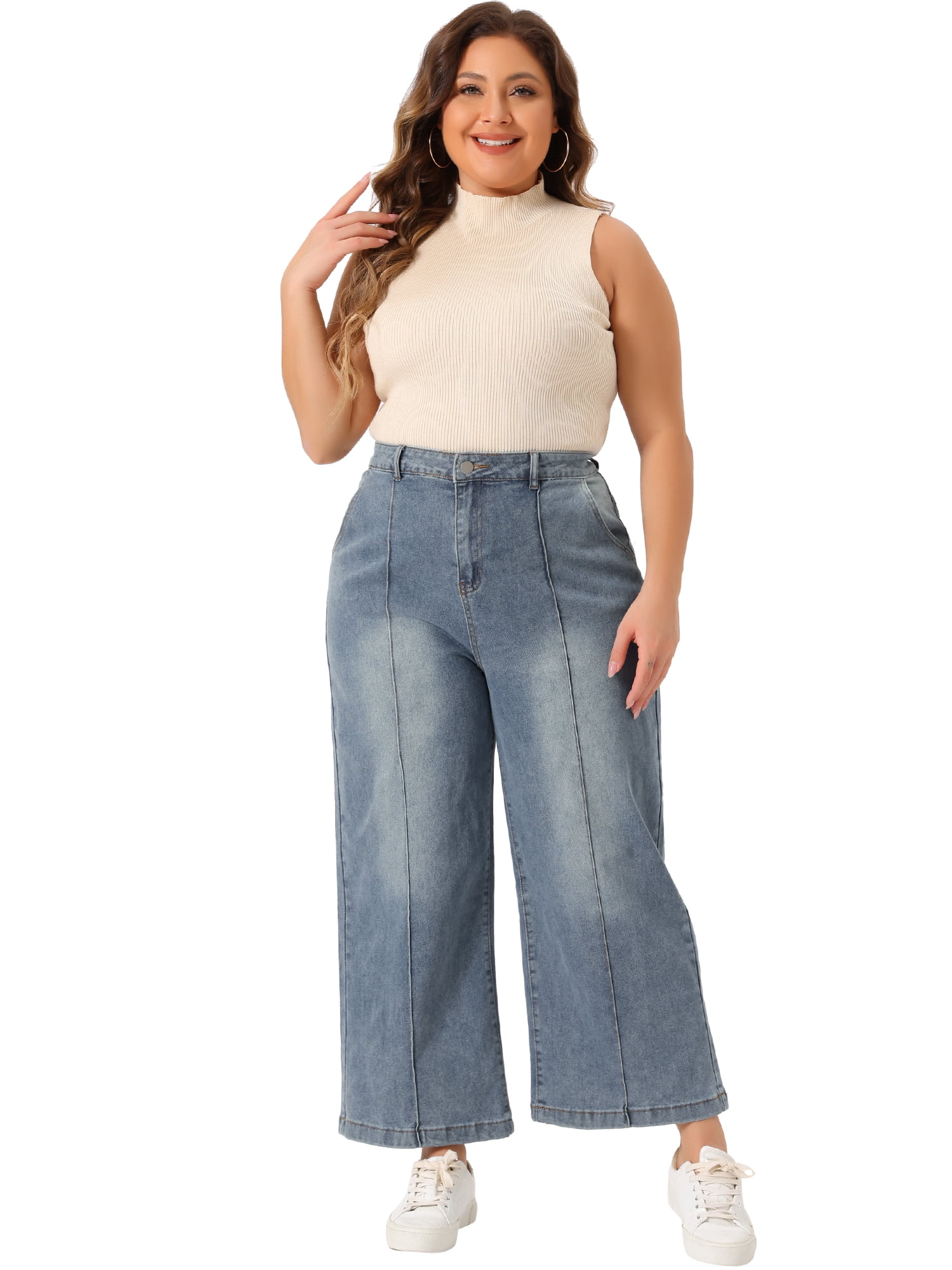 DARING DIVA Women's Plus Wide Leg Stretch with Pockets Denim Ankle Pants 4X Gray Blue