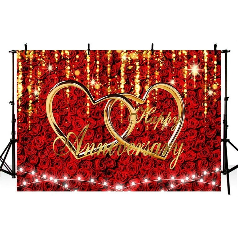 Happy Anniversary Backdrop Wedding Anniversary Party Decorations Red Rose Florals Gold Heart Banner Supplies Photography Background Studio Photo Booth
