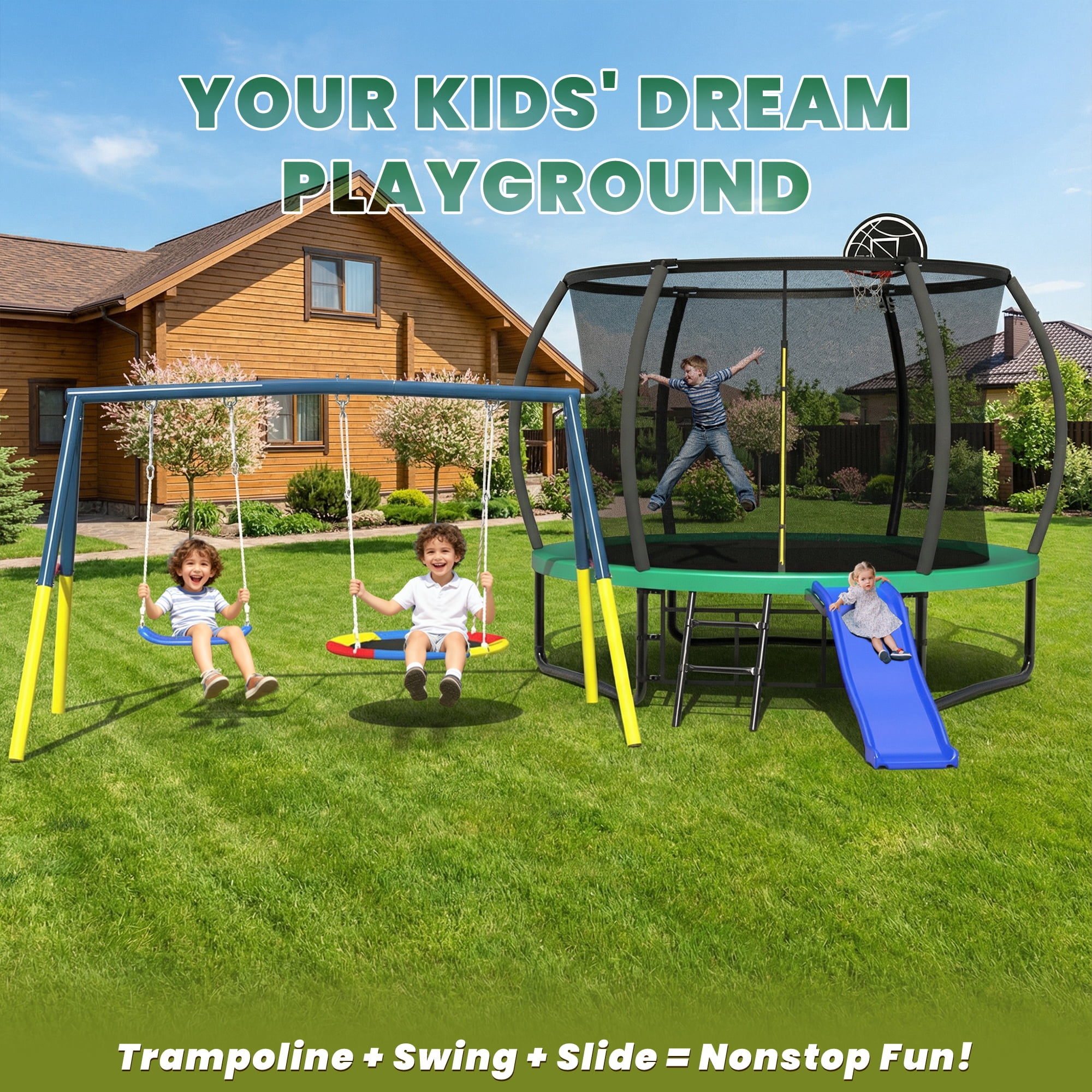 Mersco 10FT Heavy Duty Trampoline with Enclosure Net ,Slide ,Swing Set Outdoor Trampoline for Backyard,Kids Trampoline with Basketball Hoop,Birthday and Holiday Gifts for Kids,Green