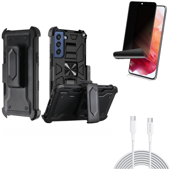 Case Belt Clip & 10ft Long Type-C Cable & Privacy Screen Protector for Samsung Galaxy S22 (6.1") - Holster Swivel & Fast Charger Cord PD & TPU Film Fingerprint Works Accessory Bundle