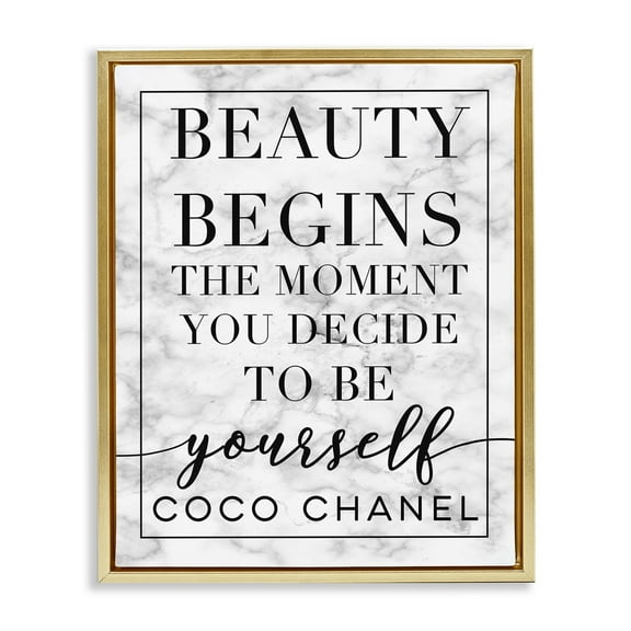 Stupell Industries Beauty Begins Once You Decide To Be Yourself White Marble Typography Metallic Gold Framed Floating Canvas Wall Art, 24x30, by Daphne Polselli
