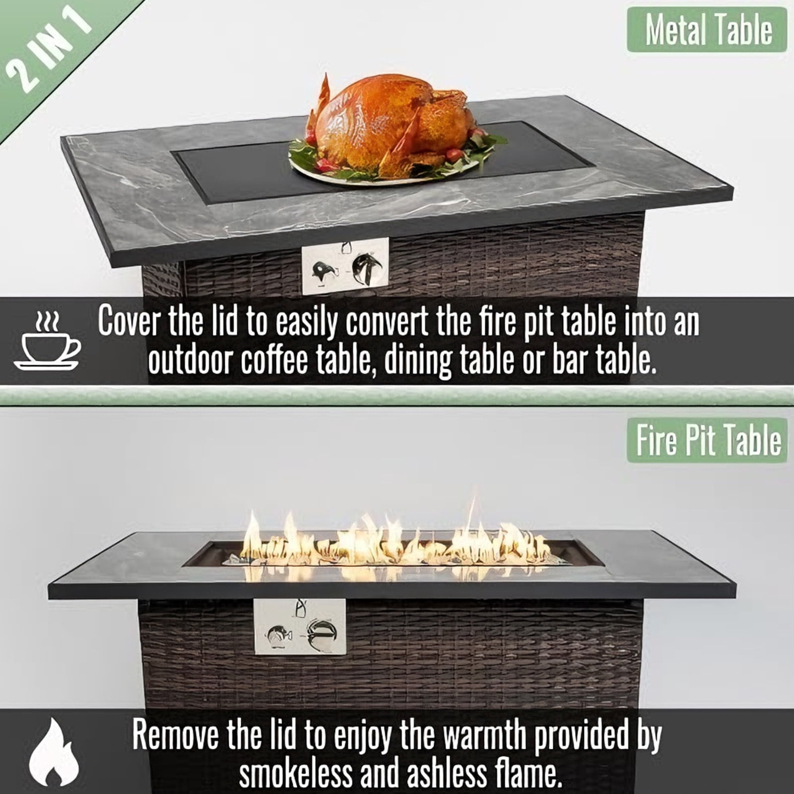 44" Outdoor Propane Fire Pit Table – 50,000 BTU Gas Firepit with PE Rattan Base,Ceramic Tabletop,Tempered Glass Shield – Includes Lid & Weatherproof Cover for Deck,Garden,Backyard