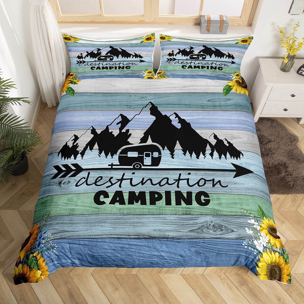 Kids Camping Themed Bedding Happy Camping Duvet Cover Twin Size Rustic